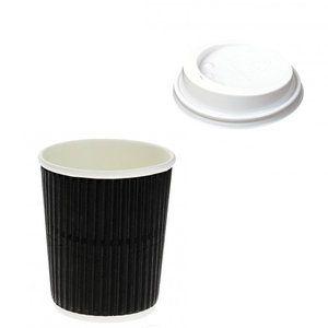Corrugated Card Cup Black 240ml (8Oz) w/ Lid Without White Hole - Pack 25 units