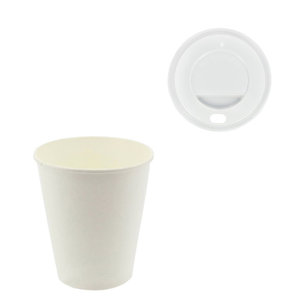 White Paper Cups 200ml (7Oz) w/ White Lid ToGo - Pack of 50 units