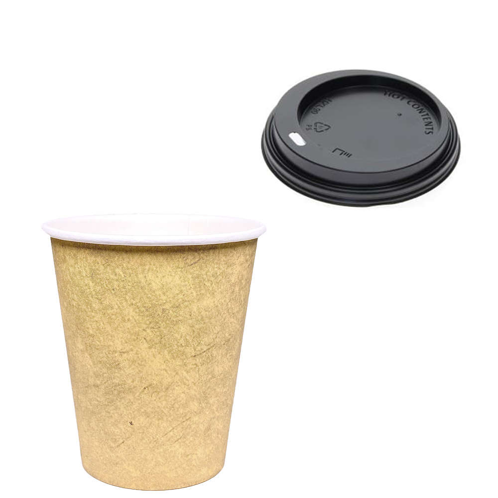 Paper Cups 240ml (8Oz) Kraft w/ Black Lid “To Go” - Box of 1000 units
