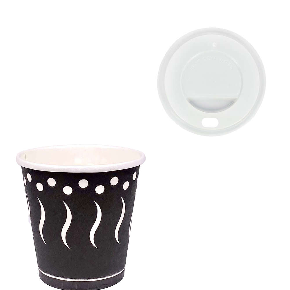 Vaso Cartón Impreso Negro 120ml (4Oz) c/Cubierta ToGo Blanca - Caja Completa 1000 unidades