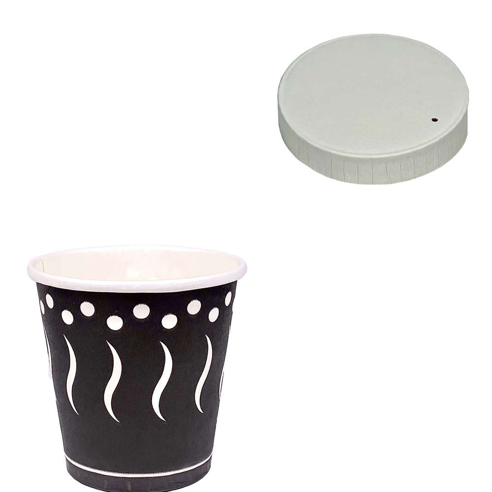 Vaso de Cartón Impreso Negro 120ml (4Oz) C/Tapa Blanca Plana Cerrada de Cartón - Caja 1000 uni